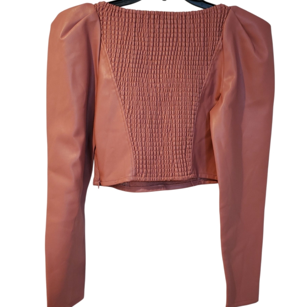 ZARA FAUX LEATHER CROP TOP PUFF SLEEVES Small Mauve NWT - Picture 2 of 12